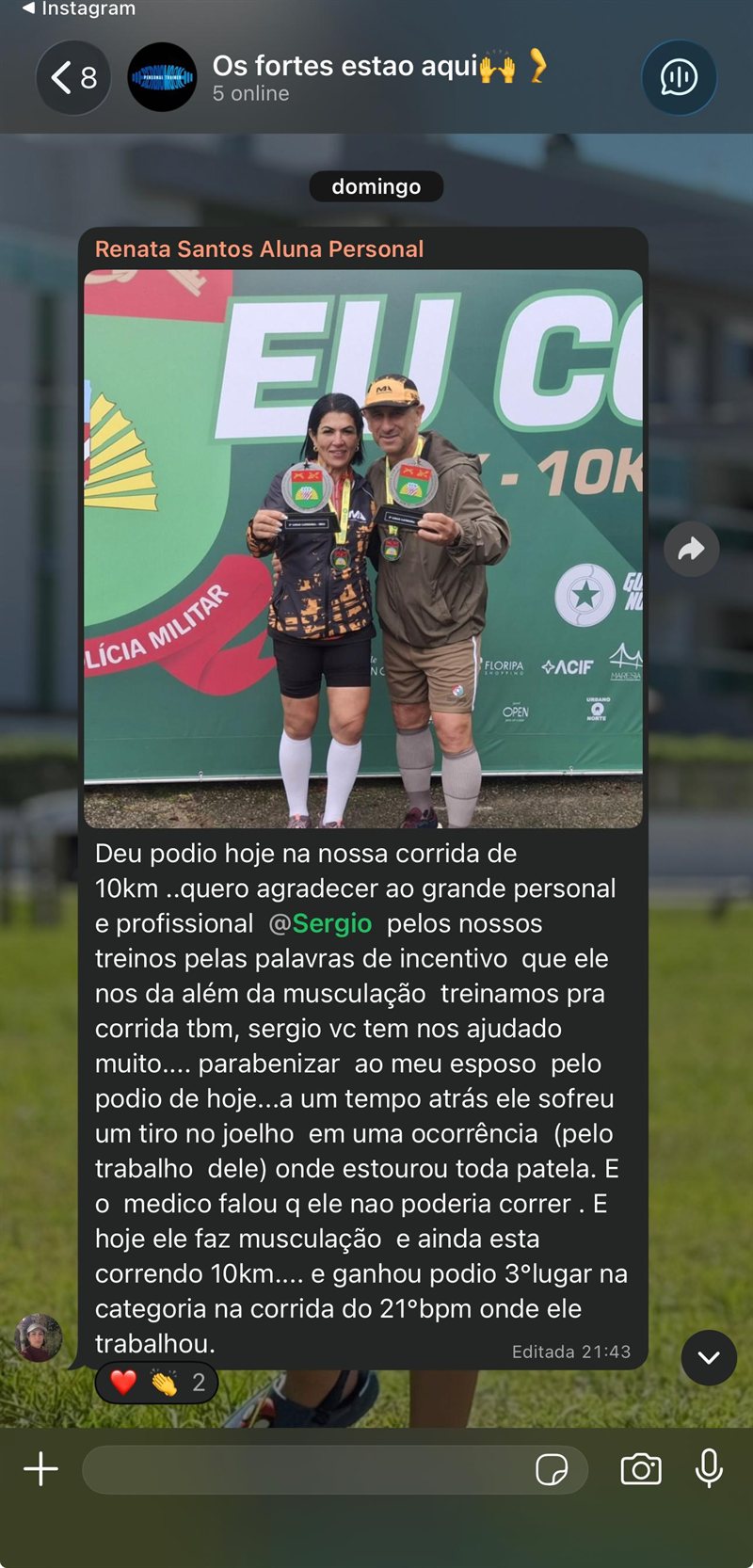 Renata Santos — pódio na corrida de 10km com aluno do Sérgio